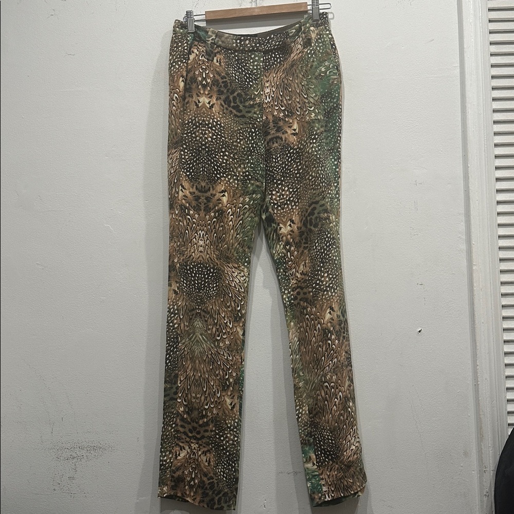 Paige 100% Silk Animal Print feather straight leg Trousers pants pockets Size 4